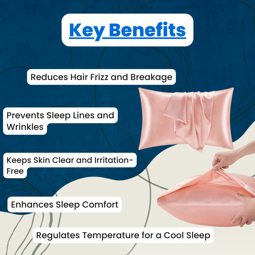 Key benefits of Cobio Sleep Satin Pillowcase: reduces frizz, prevents wrinkles, enhances comfort, regulates temperature for cool sleep.