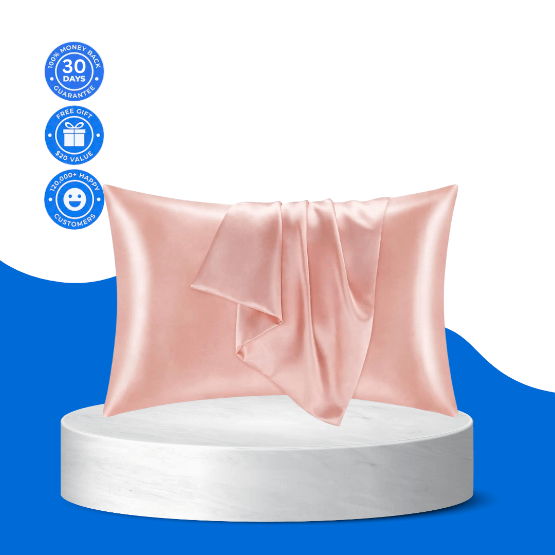 Cobio Sleep Satin Pillowcase in soft pink, promoting solo soothe and trycobio features, with satisfaction guarantee icons.