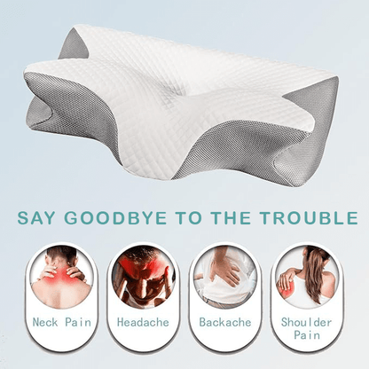 Premium memory foam slumblr contour relief pillow for neck, back, and shoulder pain, suitable for all sleeping positions.