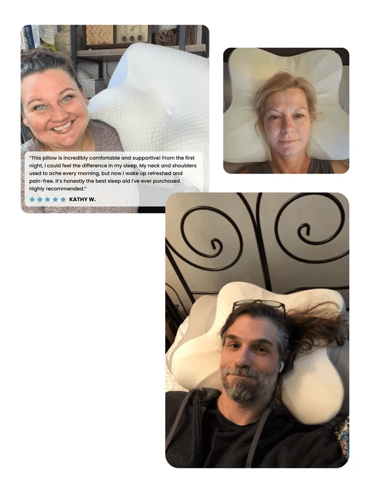 Three smiling individuals using the Cobio contour relief pillow with positive testimonials about comfort and support.